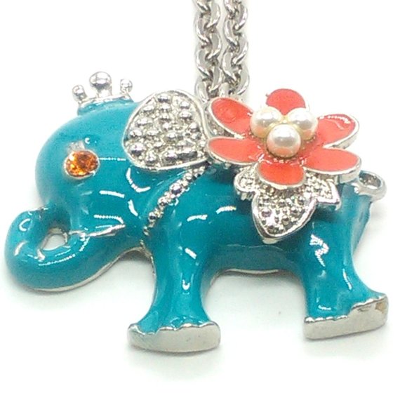 Metal Enameled Elephant Necklace Silver-tone Chain - Picture 1 of 4